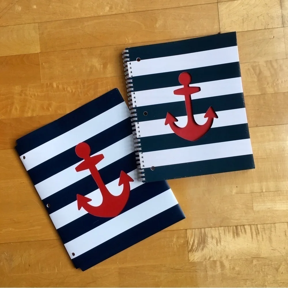 Nautical Anchor on Stripe Notebook + Folder Stationery Set, Navy, White, Red